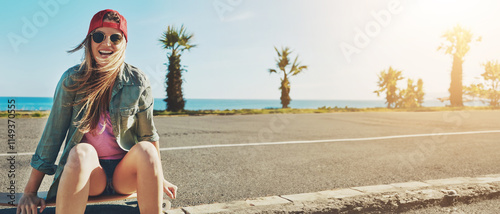 Holiday, promenade and woman with skateboard, adventure and freedom by beach. Summer girl, travel and excited portrait by ocean with skater style, outdoor laugh and road on vacation journey in miami