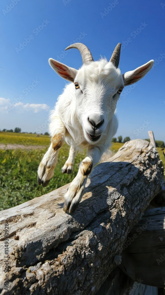 A playful goat leaps over a log against a clear blue sky in a grassy field. A playful goat leaps over a log against a clear blue sky in a grassy field.