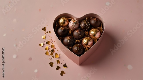 Minimalist flat-lay of chocolate truffles in a heart-shaped box, surrounded by golden confetti, placed on a pastel pink background.