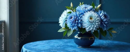 Blue chrysanthemum bouquet on a blue velvet tablecloth with gold accents, floral arrangement, home decor inspiration, spring bouquet photo