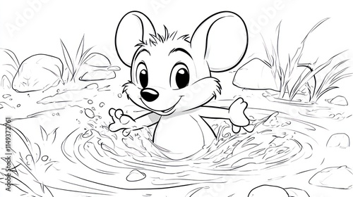 Playful Cartoon Bandicoot Splashing in Pond: Children's Coloring Book Page photo