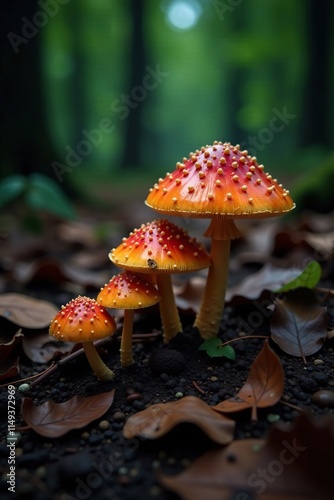 Dark forest floor with Hallimasch Tintling mushrooms growing among fallen leaves, fungal growth, woodland floor photo