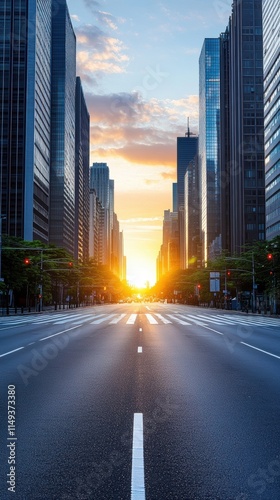 The sun rises dramatically between towering skyscrapers, casting golden light down a deserted city street, symbolizing new beginnings and the promise of a bustling day ahead.