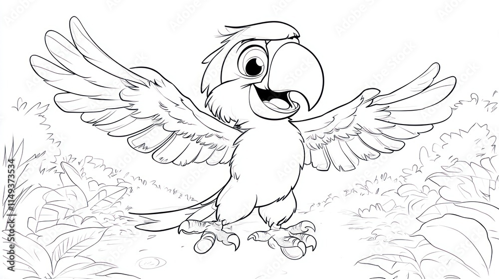 Obraz premium Coloring book page: Playful macaw carrying a snack