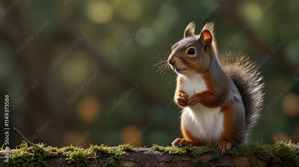 Red squirrel sitting on mossy log in forest. Red squirrel sitting on mossy log in forest.