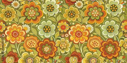 Vibrant floral pattern featuring colorful flowers in shades of orange, green, and yellow on a rich background.