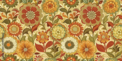 Vibrant floral pattern featuring large blooms in warm tones of orange, cream, and green.