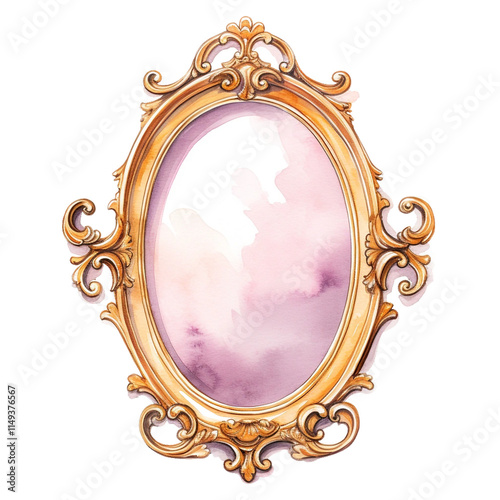 Antique Oval Mirror with Watercolor Effect. Concept of Luxury, Elegance, and Reflection.