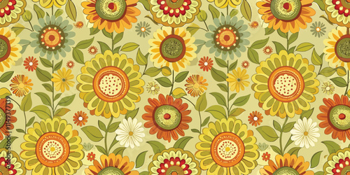 A vibrant floral pattern featuring sunflowers and daisies in autumn hues, perfect for textile designs and home decor.