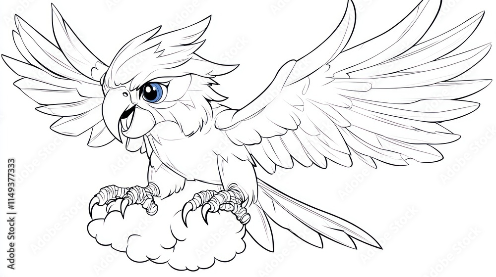 Obraz premium Cartoon Cockatoo Nap on Cloud: Children's Coloring Page