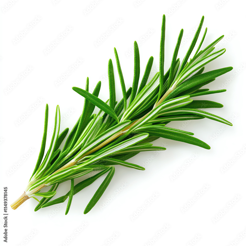 Fototapeta premium Fresh green rosemary sprig on a white background, ideal for culinary presentations.
