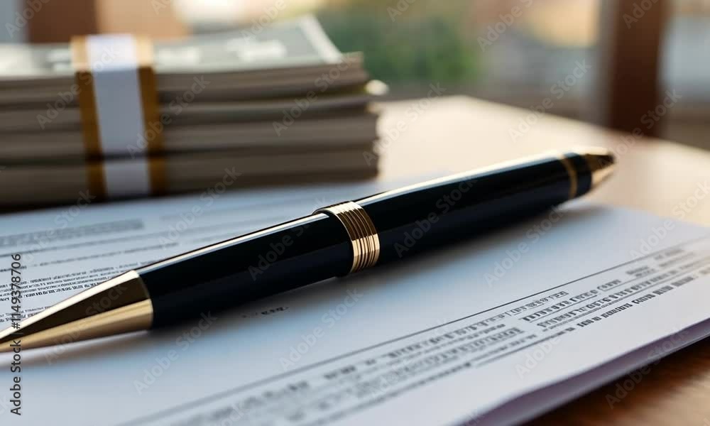Close-up of pen on document near money stack. Close-up of pen on document near money stack.