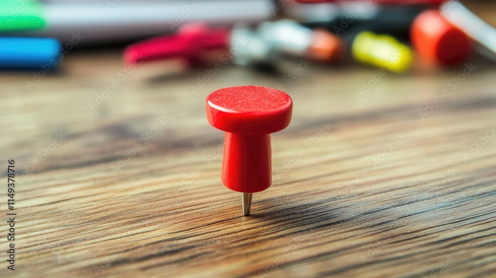A red pushpin resting on a wooden desk with office supplies in the background. A red pushpin resting on a wooden desk with office supplies in the background.