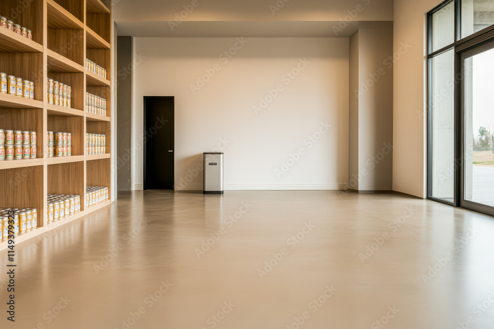 Obraz premium Modern interior with neatly arranged shelves in a minimalist space during daylight hours