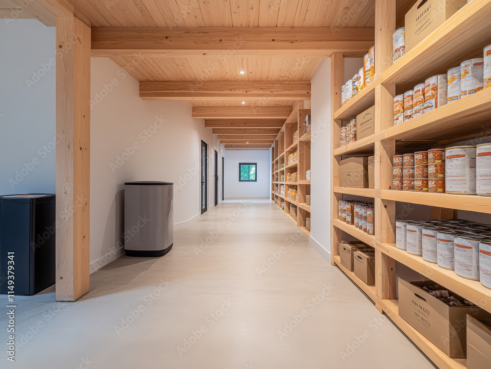 Modern interior of a storage area featuring organized shelves and minimalist design Modern interior of a storage area featuring organized shelves and minimalist design