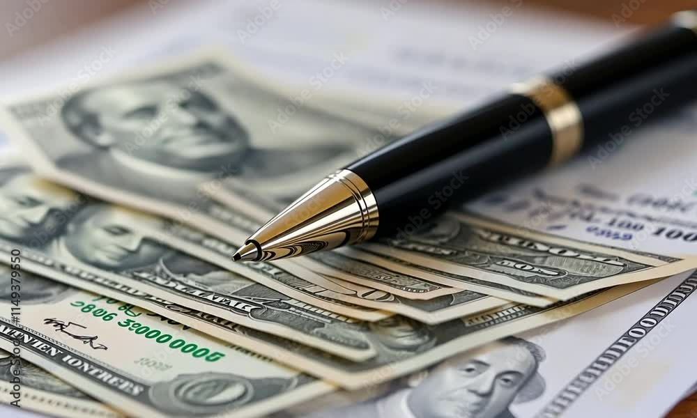 Close-up of pen resting on US dollar bills. Close-up of pen resting on US dollar bills.