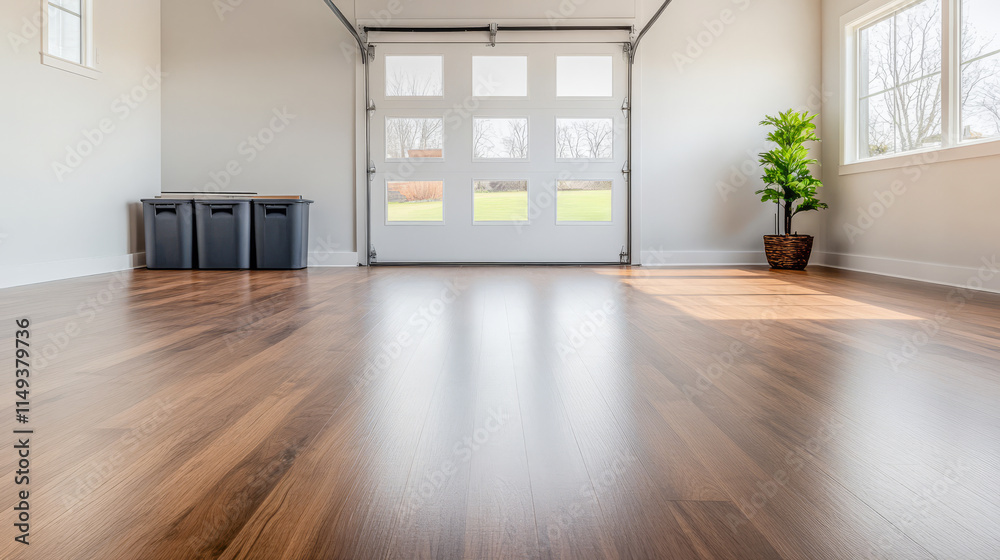 Fototapeta premium Bright and spacious garage with polished wooden floor and large windows offering natural light