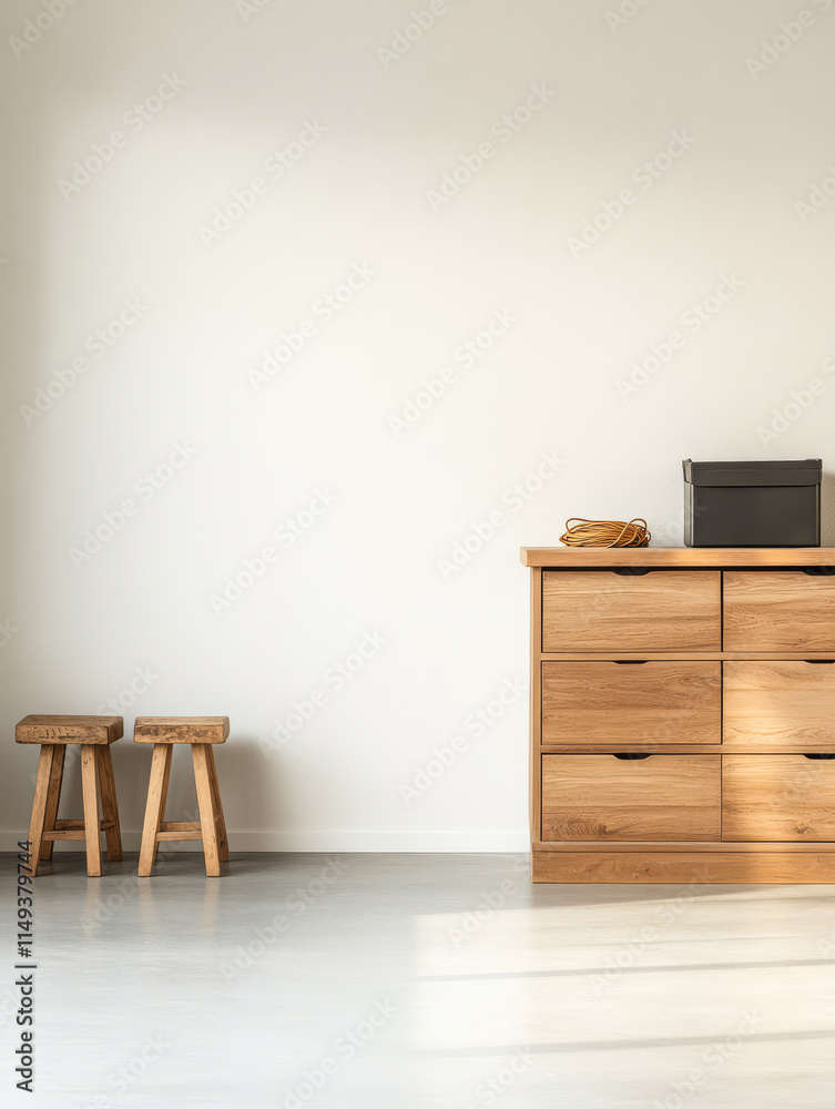 Obraz premium Modern minimalist interior design featuring wooden furniture and neutral colors