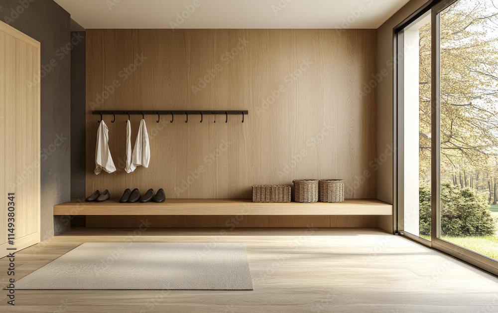 Modern entryway with minimalist design featuring natural wood and spacious layout Modern entryway with minimalist design featuring natural wood and spacious layout