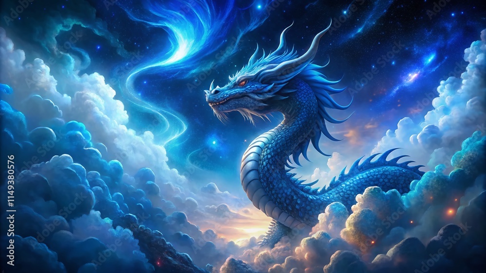 Mystical Blue Dragon Soaring Through Starry Night Clouds - Surreal Fantasy Art Mystical Blue Dragon Soaring Through Starry Night Clouds - Surreal Fantasy Art