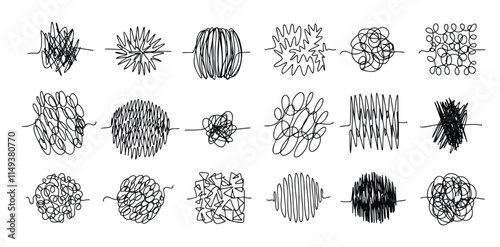Chaos lines doodle set. Hand drawn tangled clew. Insane scribble lines. confused doodle scribbles.