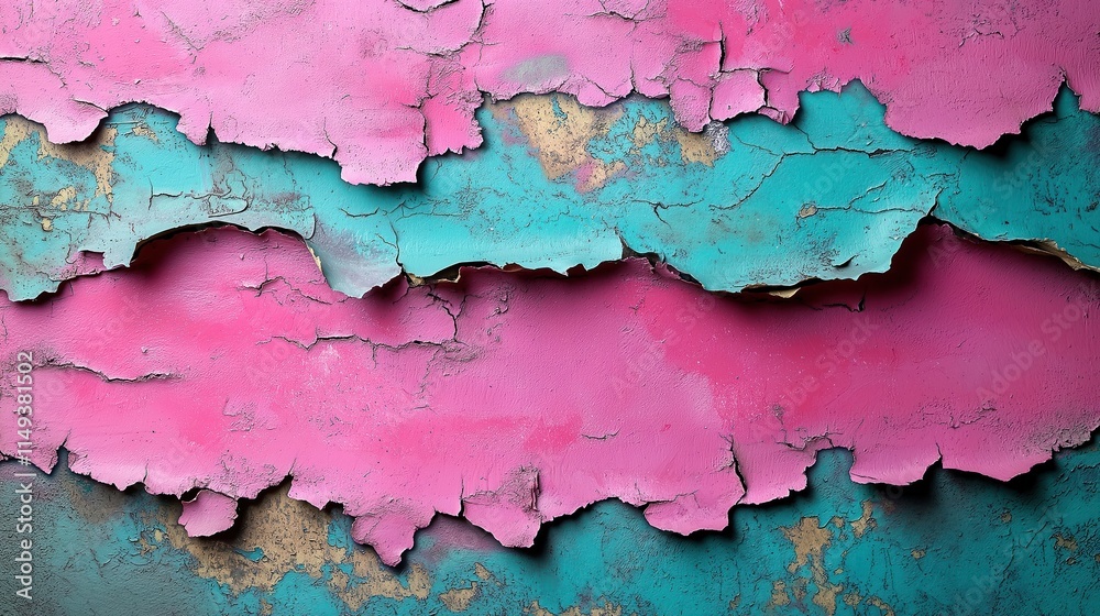 Peeling pink, teal paint on textured wall creates vibrant abstract art piece. Wall shows layers of paint in various stages of decay. Distressed rustic surface with cracks, chipped paint underlying Peeling pink, teal paint on textured wall creates vibrant abstract art piece. Wall shows layers of paint in various stages of decay. Distressed rustic surface with cracks, chipped paint underlying
