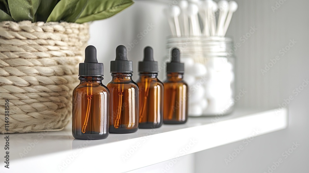 A row of amber dropper bottles on a white bathroom shelf, next to a jar of cotton swabs.