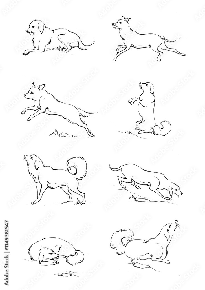 Fototapeta premium Doodle Cartoon dog illustration set in different poses. Cute sitting, running and lying vector dog isolated on white background