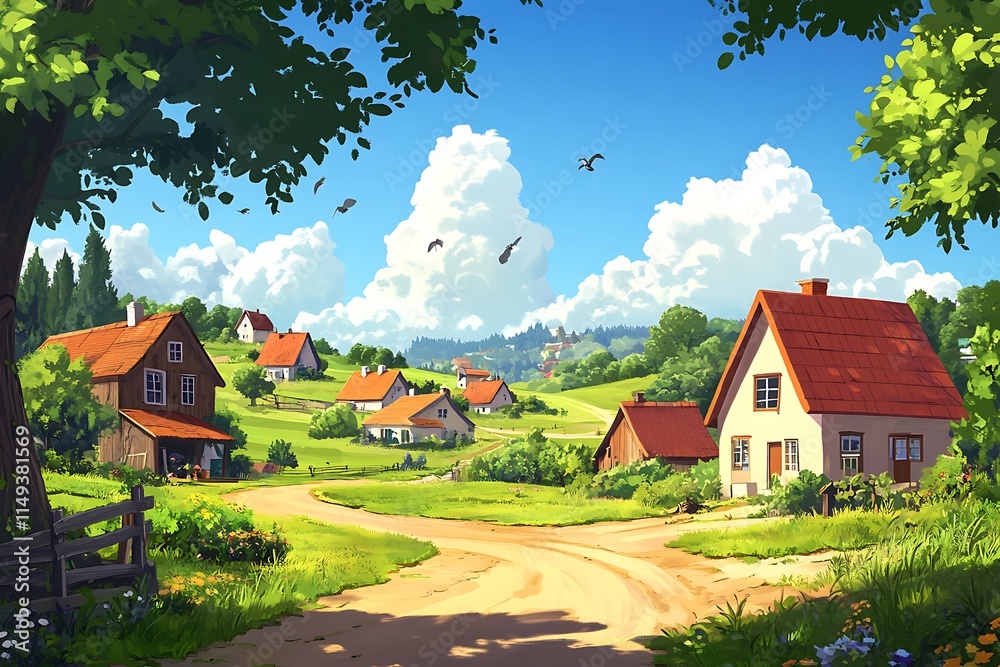 A serene countryside landscape with charming houses, green fields, and a bright sky. A serene countryside landscape with charming houses, green fields, and a bright sky.