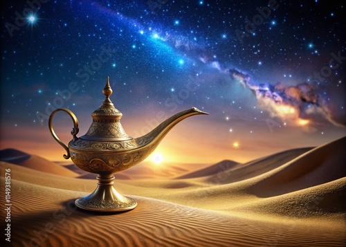 Mystical Genie Lamp Night Photography - Enchanted Arabian Nights Scene, Magical Lamp, Fantasy, Dark Night, Stars,  Wish-Granting Lamp, Night Sky,  Mysterious,  Adventure,  Fantasy Art