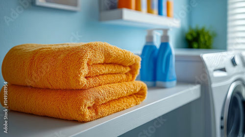 Two neatly folded yellow towels on a shelf above a washing machine in a bright laundry room