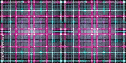Vibrant plaid pattern with pink and turquoise accents, creating a modern and dynamic textile design.