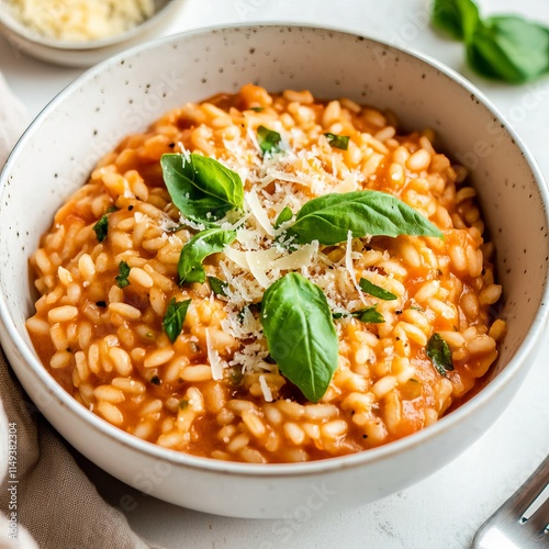 A bowl of creamy risotto with mushrooms and parmesan, served in a white ceramic bowl, Risotto centered