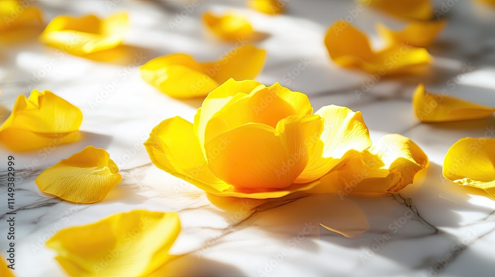 Fototapeta premium A scattering of yellow rose petals on a modern, minimalist white floor, emphasizing their cheerful hue.