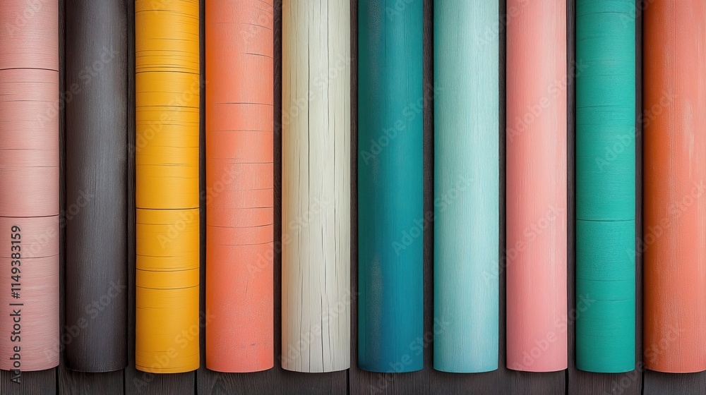 Colorful wooden planks rolled up. Variety of vibrant hues displayed. Design material. Possible use in home decor. Display of painted wood texture laminate. Colorful design for interior surfaces.