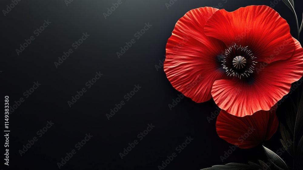 Fototapeta premium Stylized red poppy flower on black background. Remembrance Day, Armistice Day, Anzac day symbol