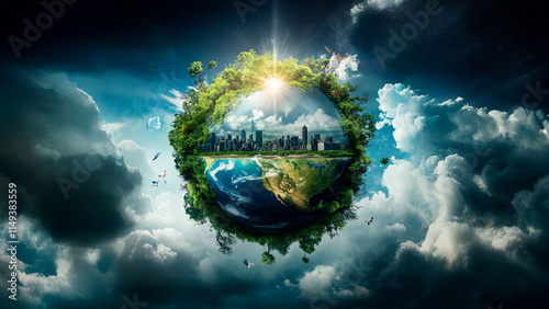 An image of earth with a city in sky. Circle planet buildings sky islands earth glare light. A planet glares at glare of the islands. The photo is of a city in the clouds with a green lifestyle.