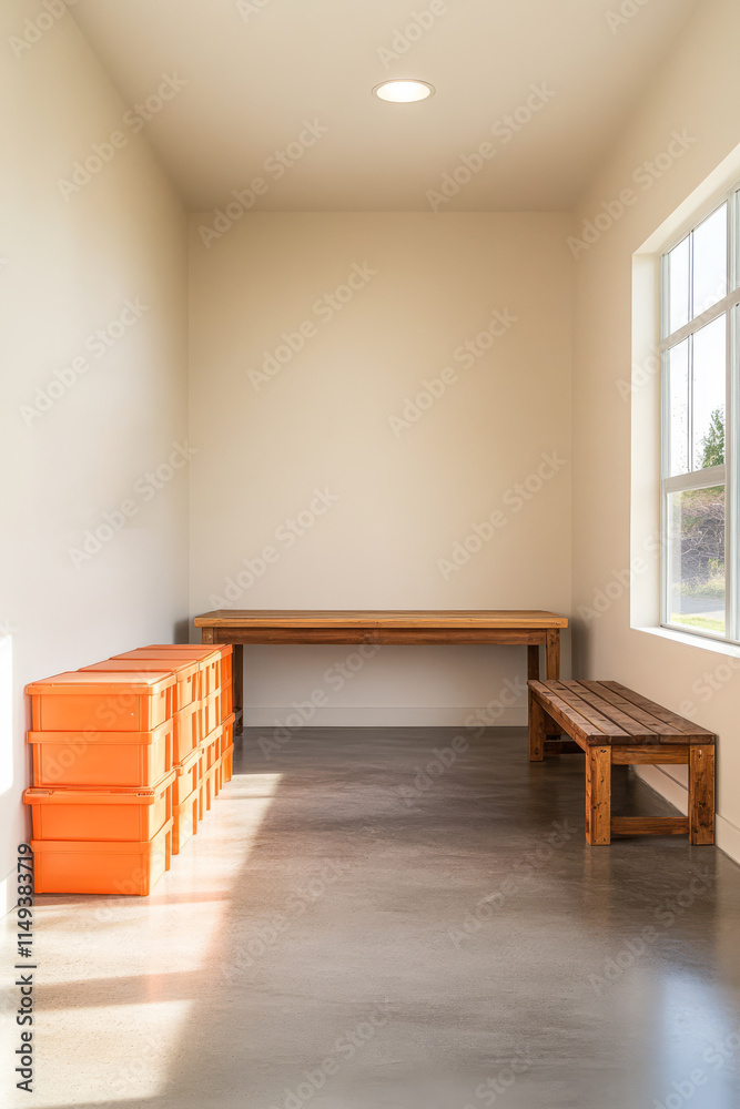 Fototapeta premium Bright and minimalist indoor space featuring wooden furniture and orange storage boxes