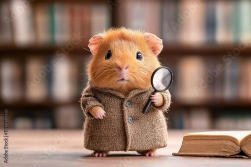 A charming hamster dressed as a detective holds a magnifying glass, set against a backdrop of bookshelves, exuding a whimsical, scholarly vibe. photo