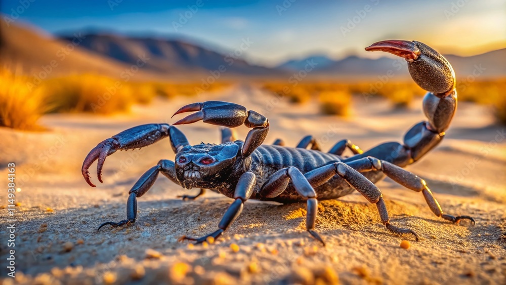 Fototapeta premium Namibia Black Hairy Thick-Tailed Scorpion Stock Photo - Closeup View