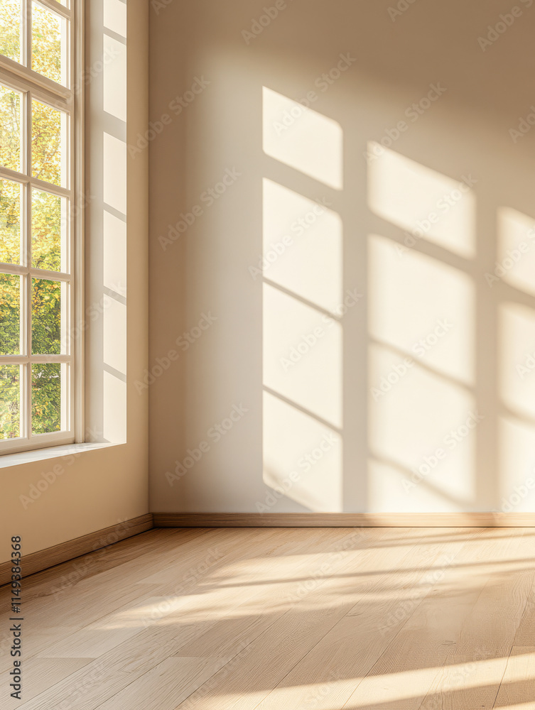 Fototapeta premium Bright sunlight creates beautiful shadows in a minimalist room with large windows