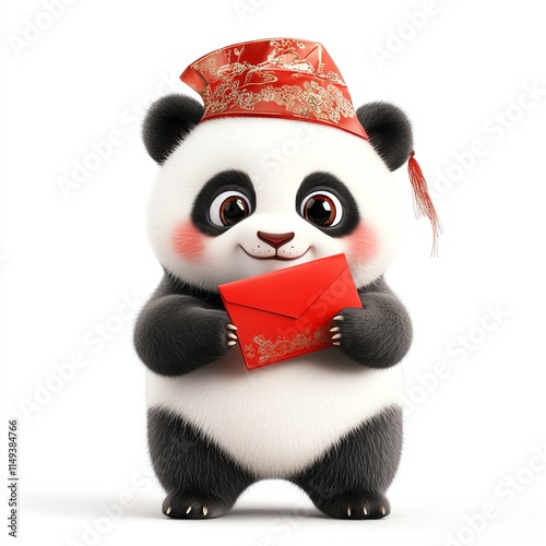 A cute panda wearing a traditional hat, holding a red envelope with a smile. photo