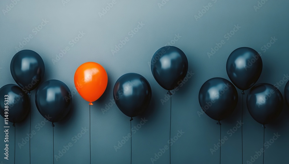 One Orange Balloon Stands Out Among Many Dark Balloons: A Study in Contrast and Uniqueness. One Orange Balloon Stands Out Among Many Dark Balloons: A Study in Contrast and Uniqueness.