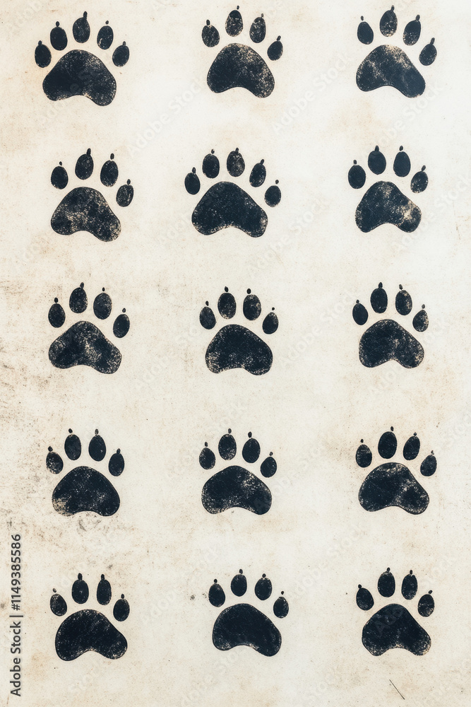 Fototapeta premium Pattern of black animal paw prints arranged in neat rows on a textured white background, conveying an adventurous and playful theme.