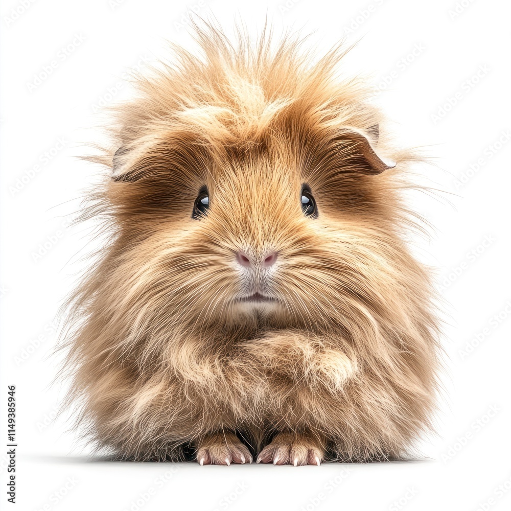 A fluffy golden guinea pig sitting calmly against a white background. A fluffy golden guinea pig sitting calmly against a white background.