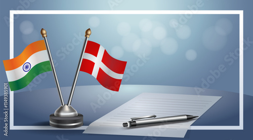 India and Denmark National flags on small table with bokeh background, cooperative relationship