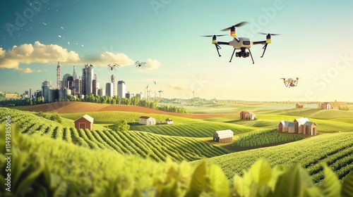 A vibrant setting showing agricultural research with drones, automated tools, and green fields photo