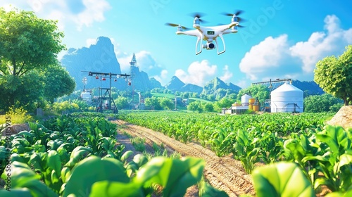 A vibrant setting showing agricultural research with drones, automated tools, and green fields photo