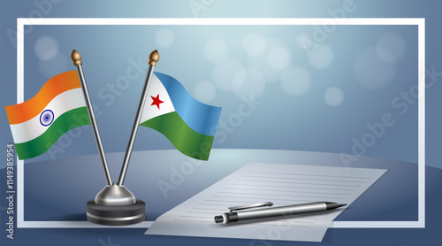 India and Djibouti National flags on small table with bokeh background, cooperative relationship