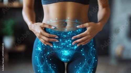 Glowing Pelvic Area Anatomy Visualization on a Woman's Body